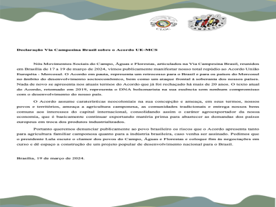 Declaração Via Campesina Brasil sobre o Acordo UE-MCS