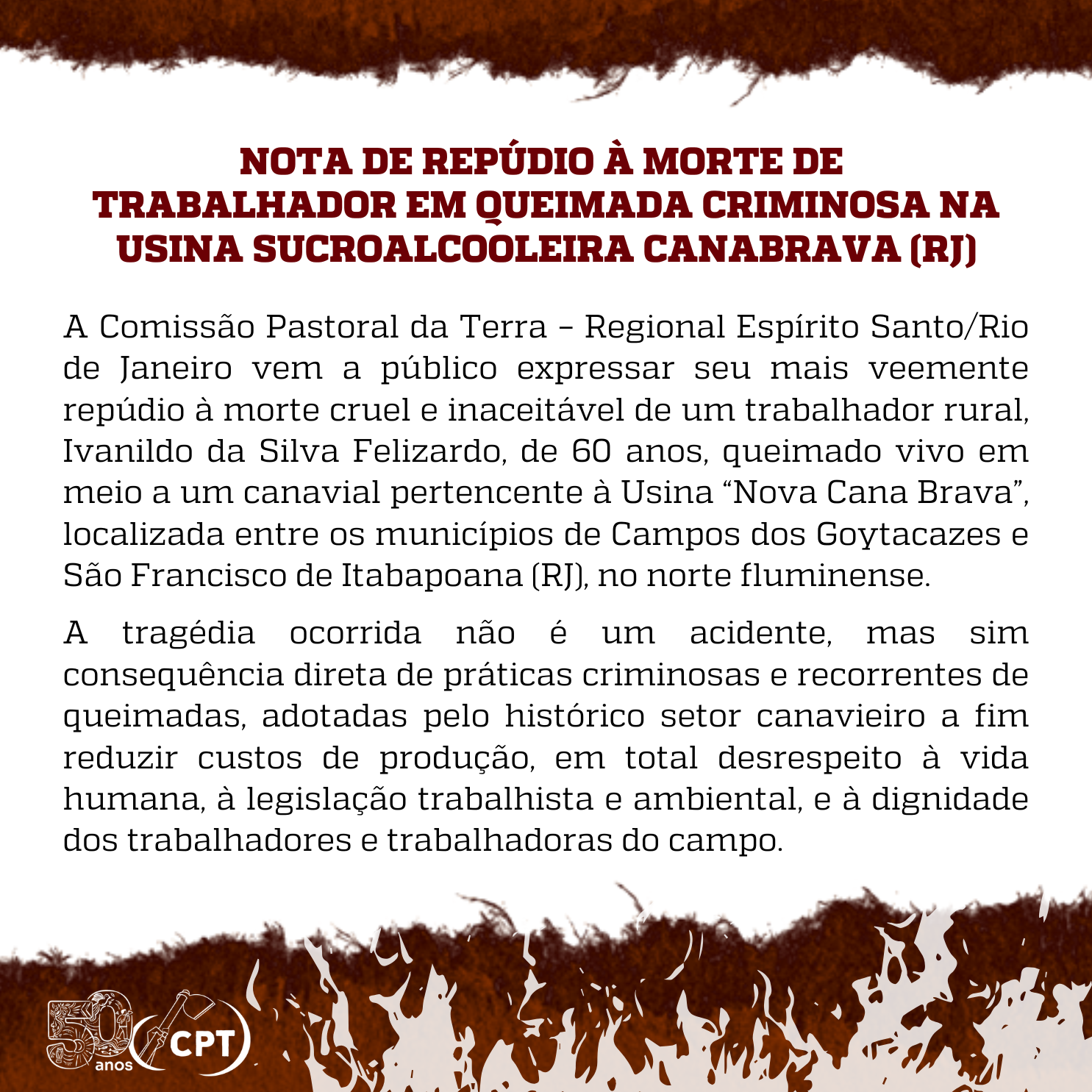 NOTA DE REPÚDIO À MORTE DE TRABALHADOR EM QUEIMADA CRIMINOSA NA  USINA SUCROALCOOLEIRA CANABRAVA (RJ)