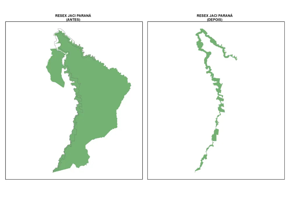 Comparação da Resex de Jaci-Paraná antes e depois da aprovação da Lei 1.089/21 — Foto: Ministério Público de Rondônia/Divulgação