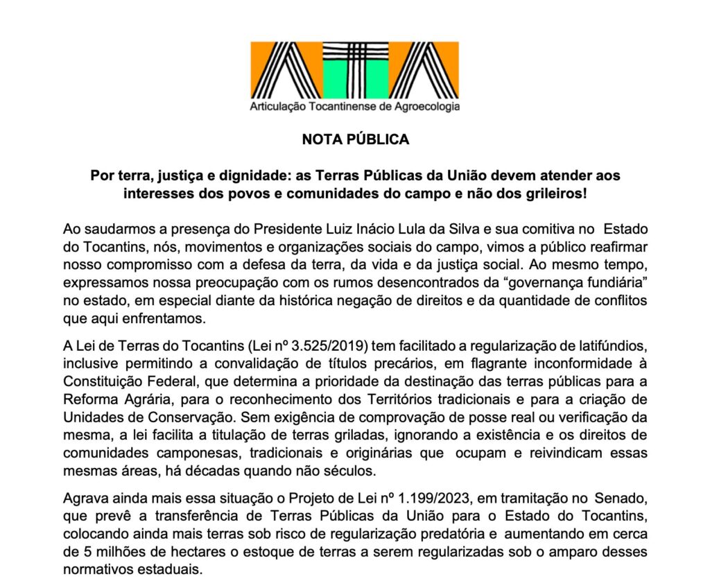 NOTA PÚBLICA | Por terra, justiça e dignidade: as Terras Públicas da União devem atender aos interesses dos povos e comunidades do campo e não dos grileiros!