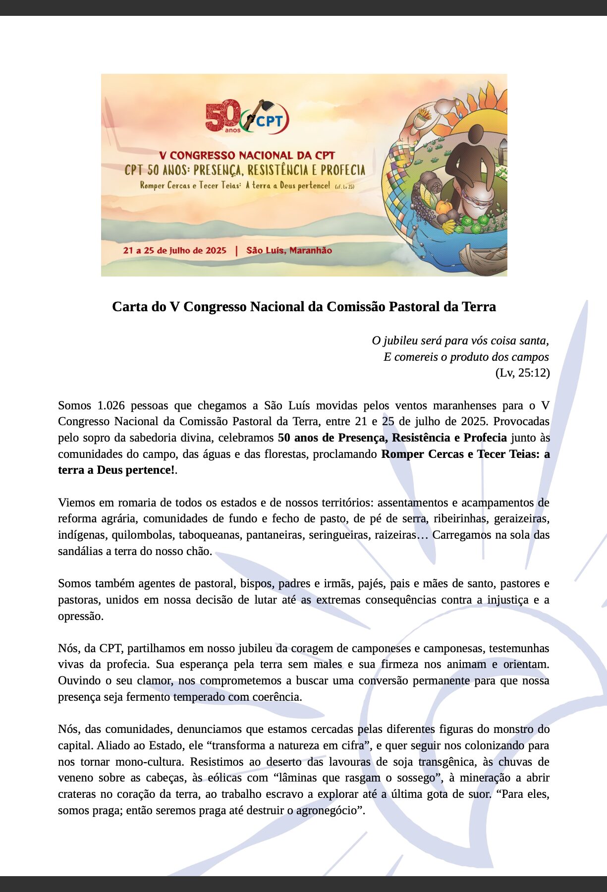 Carta foi publicada no final do V Congresso da CPT