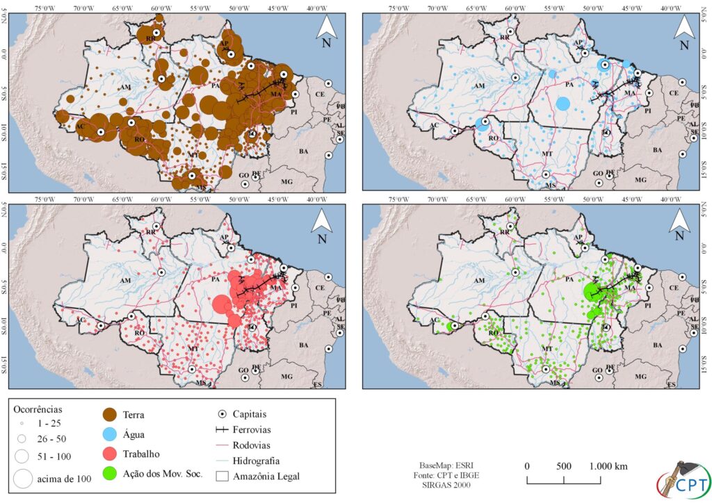 Mapa 1 - Ocorrências de conflitos por município. Fonte: CPT/IBGE