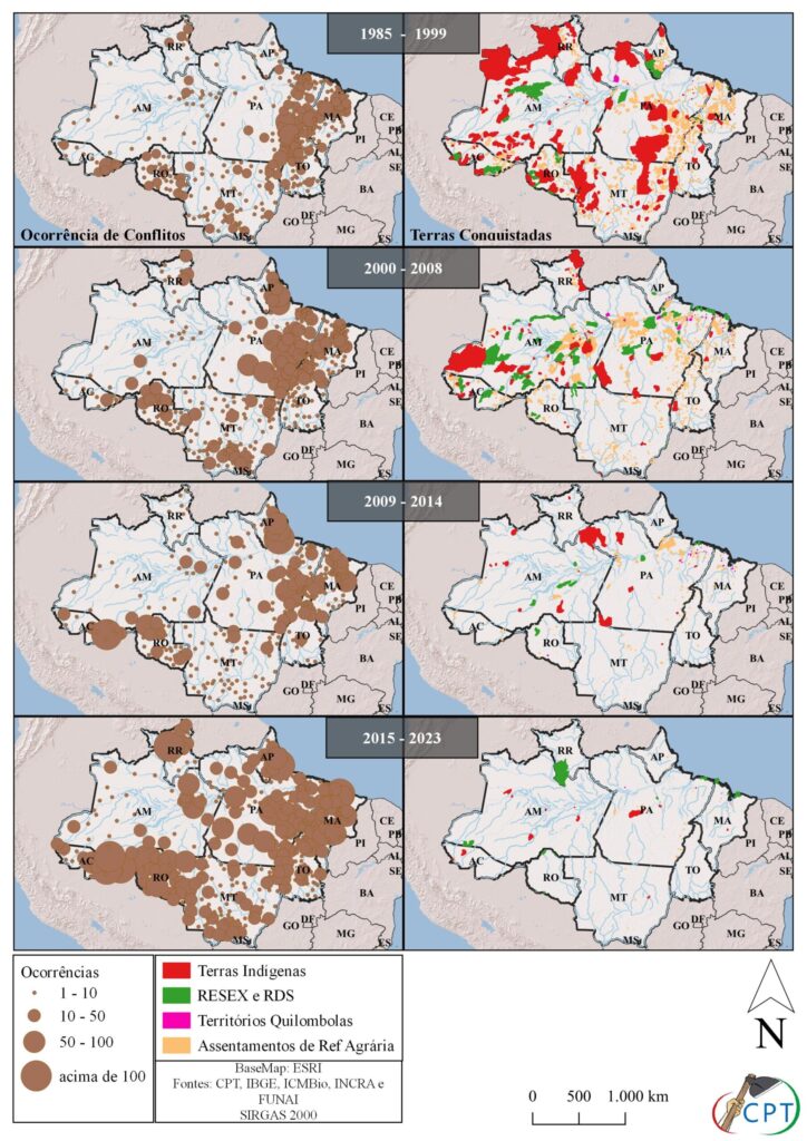 A movimentação dos conflitos por terra e as conquistas territoriais por municípios. Fonte: CPT/IBGE.