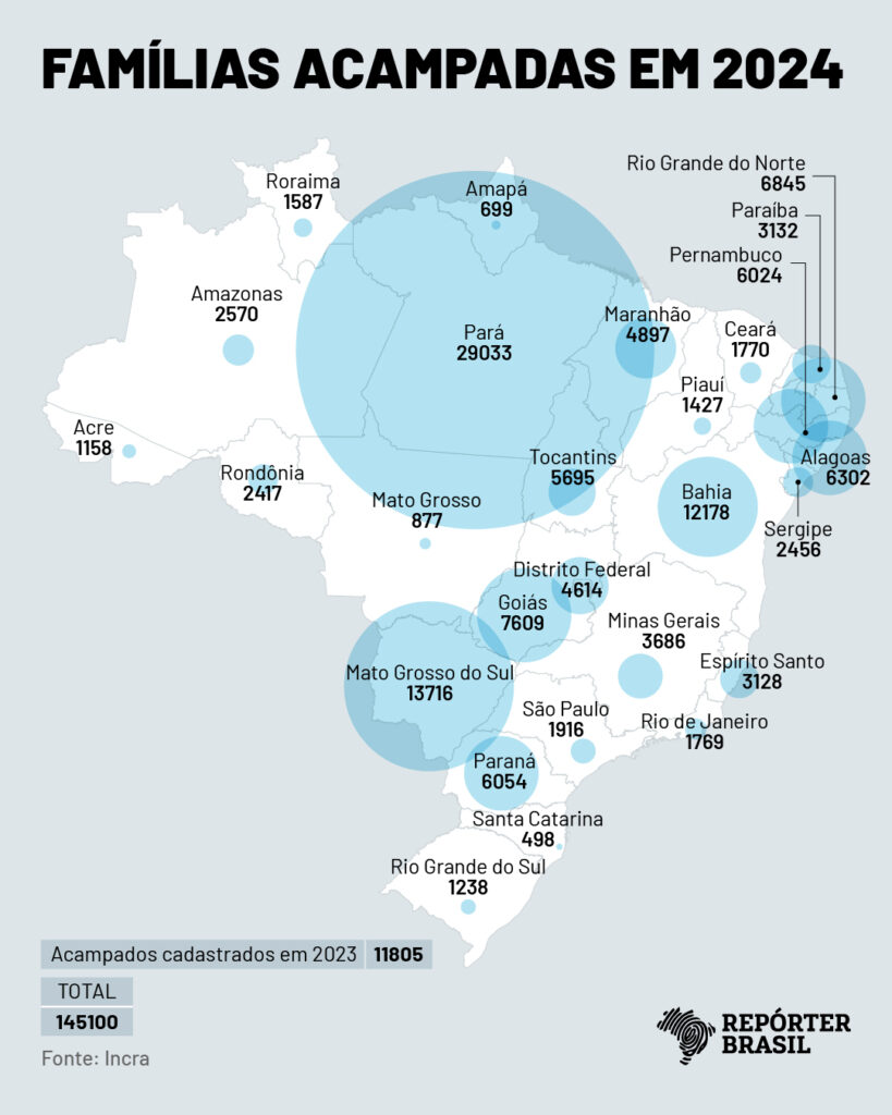 Famílias acampadas à espera de um lote de terra para cultivar. Pará, Mato Grosso do Sul e Bahia são os estados com famílias esperando (Mapa: Rodrigo Bento/Repórter Brasil)