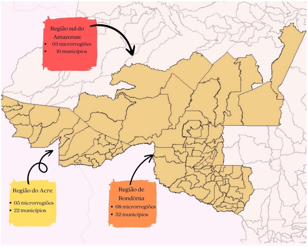 A região da Amazônia Sul Ocidental abrange dezesseis microrregiões, formada por 84 municípios do Amazonas, Acre e Rondônia
