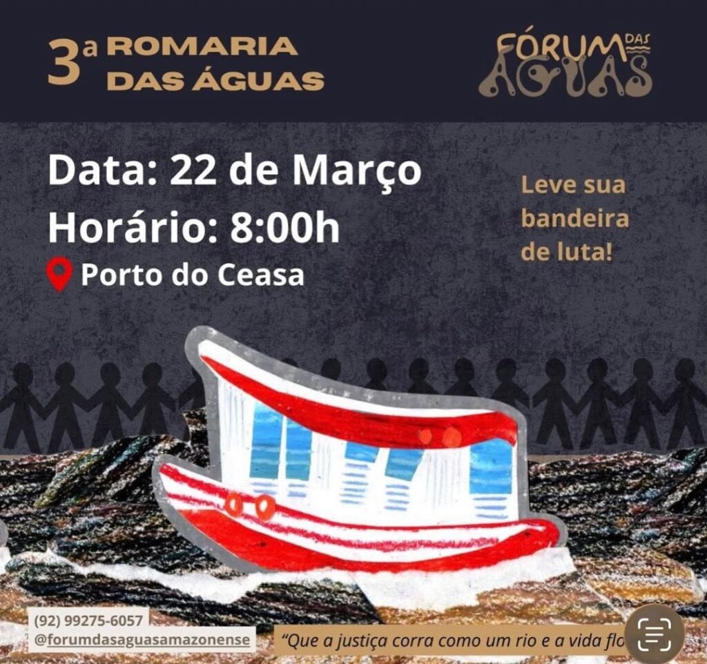 A Romaria das Águas do Amazonas traz o tema “Água, fonte de vida e bem comum” e o lema “Que a justiça corra como um rio e a vida floresça”. Arte: Fórum das Águas