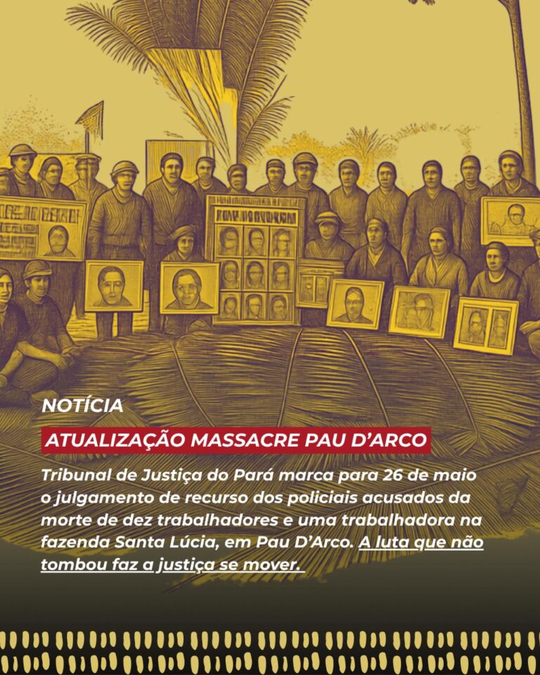 Movimentos sociais e comunidade Jane Júlia continuam na expectativa de que o julgamento do Massacre de Pau D’Arco seja marcado para breve. Arte: CPT Pará
