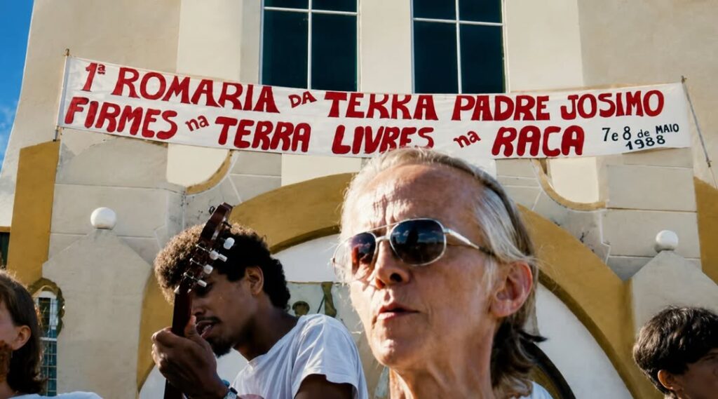 Dom Pedro Casaldáliga, bispo da Prelazia de São Félix do Araguaia (MT) e um dos fundadores da CPT, presente na 1ª  Romaria da Terra Padre Josimo. Foto: Acervo Memorial Padre Josimo