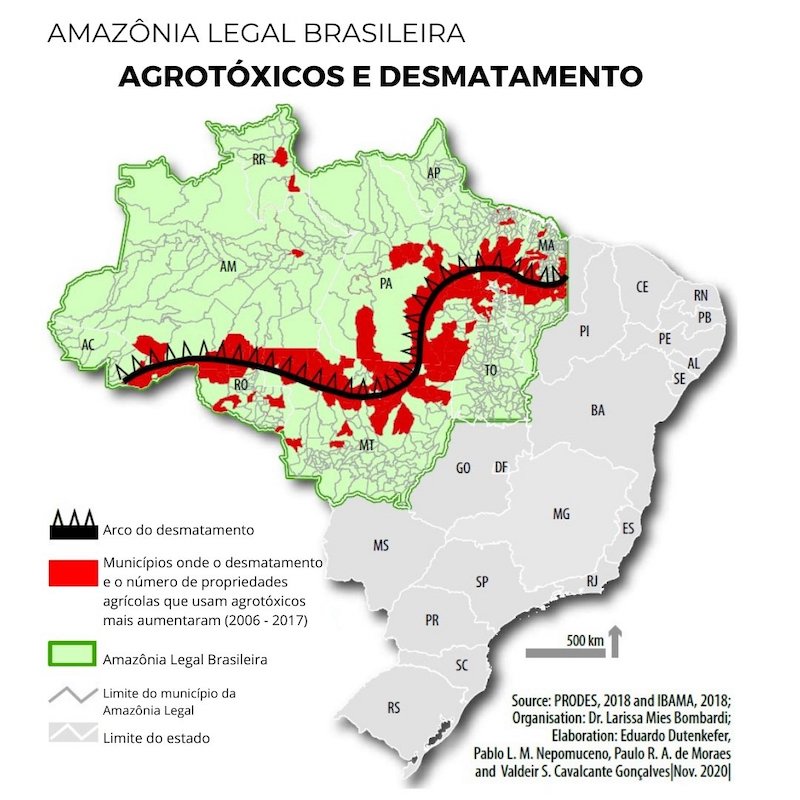 As áreas com maiores quantidades de conflitos no campo na Amazônia Legal estão ligadas ao chamado “Arco do Desmatamento”, marcado pelo avanço da fronteira agropecuária e grandes empreendimentos em rodovias, ferrovias e mineração. Arte: Repórter Brasil / Agência Pública